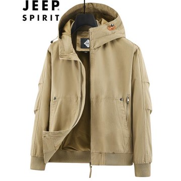 JEEP吉普男士短款夾克衫春秋戶外工裝休閑多口袋純棉連帽外套耐磨