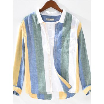 彩色亞麻襯衫男長袖夏季撞色條紋拼接設計感上衣棉麻寬松拼色襯衣