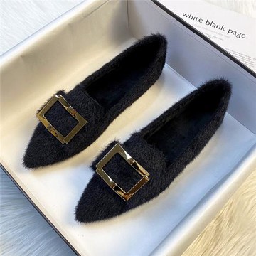 尖頭毛毛鞋女秋冬外穿平底加絨豆豆鞋水貂毛棉瓢鞋大碼女鞋41到43