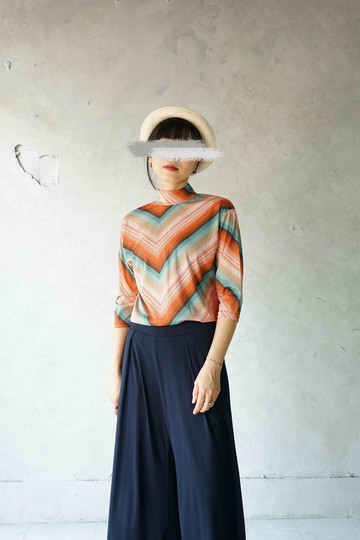 尋寶古著-60sDISCO風格彩色條紋彈性高領上衣