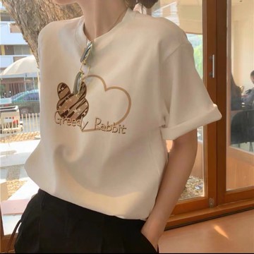 胖胖美依 短袖上衣 T恤 上衣 S-2XL夏季白色正肩短袖T恤ins寬鬆時尚百搭顯瘦印花學生上衣-7660.