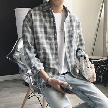 夏季寬鬆格子襯衫男士外套韓版休閒學生男港風長袖襯衣防曬薄款超寬鬆版型 長袖 外套 韓國男裝