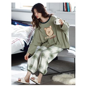 SCL促銷 綠色維尼熊 秋冬睡衣 長袖褲 中大尺碼 居家睡衣長袖褲套裝