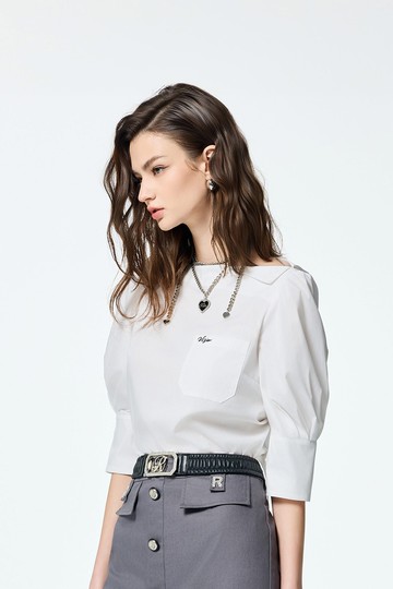 一字領翻領白襯衫