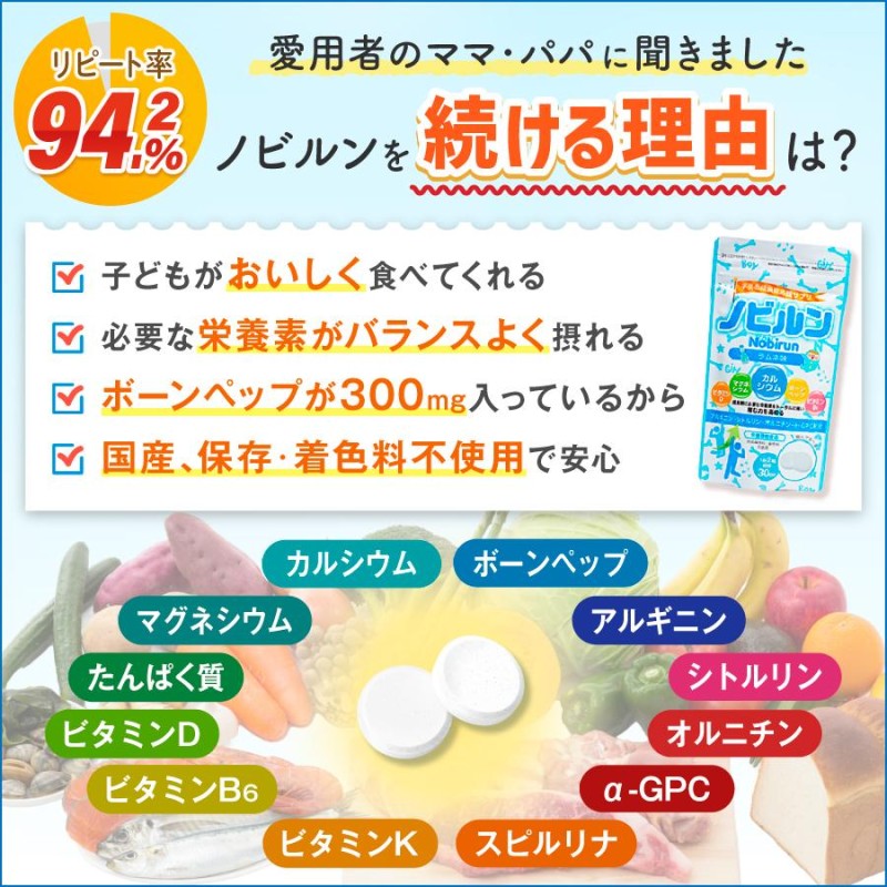 ノビルン カルシウム アルギニン 子供 身長 成長 伸ばす 子ども こども サプリ のびるん 身長サプリ サプリメント ビタミン ミネラル  ボーンペップ 60粒 | LINEブランドカタログ