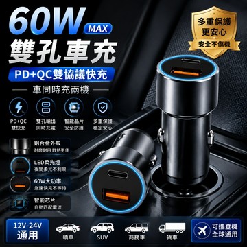 【台灣出貨】60W車用快充 PD+QC雙協議 Type-C USB雙孔 車充頭 智能晶片 LED夜光 車用充電器