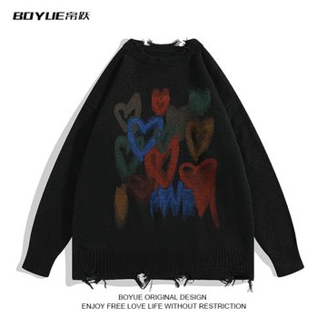 BOYUE帛躍青少年多巴胺彩色心型毛邊針織衫小眾設計感破洞毛衣男