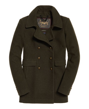 跩狗嚴選 極度乾燥 Superdry Pea Coat 女款 卡其 軍綠 經典軍裝 高質感 雙排扣 翻領大衣 中長版 羊毛外套