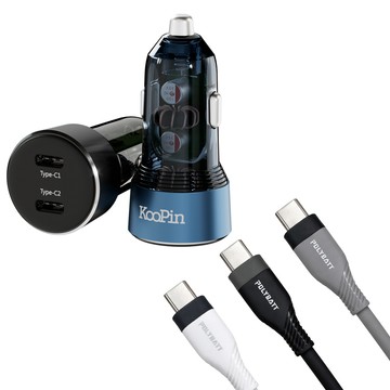 KooPin 台灣製造 65W 雙孔Type-C 車用充電器+雙頭Type-C 液態矽膠快充線(150公分)