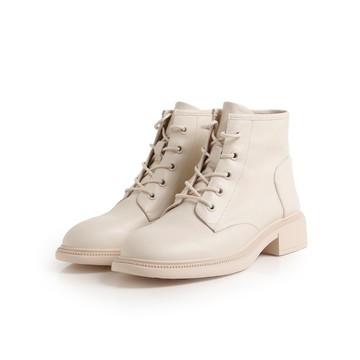 素面中跟真皮五孔馬丁靴-米白