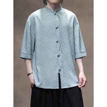 新中式薄款祥云紋路休閑唐裝襯衫透氣休閑大碼中山裝半袖冰絲襯衣