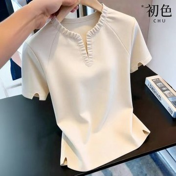 初色 法式休閒風純色木耳邊V領T恤短袖上衣女上衣-米白色-52528(M-2XL可選)
