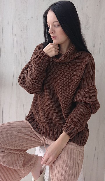 棕羅紋毛衣 秋冬高領 寬鬆針織毛衣 棉套頭衫