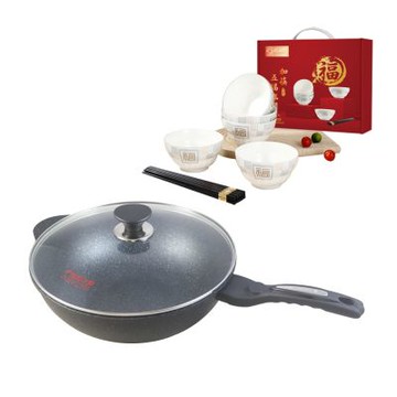 ZHENG NIU 正牛韓國正宗大理石不沾炒鍋 33cm附蓋+五福臨門碗筷5碗5筷組