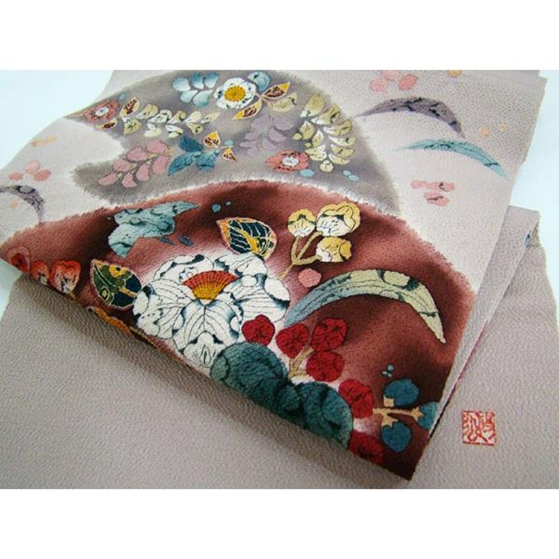 縮緬九寸名古屋帯 露芝柄取り辻が花染柄 作家落款入り 正絹 9778  