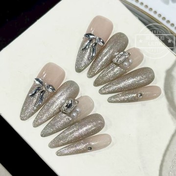 可隔日到貨！明月斜 純手工貓眼穿戴甲 蝴蝶結 長尖甲 可拆卸手工甲 光療甲片 美甲貼片 假指甲 指甲貼 韓國美甲 甲片