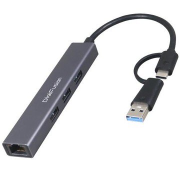 DigiFusion 伽利略 CU3GL04A 3埠 USB 3.2 Gen 1 HUB+Giga LAN網路卡 Type-A+Type-C 雙用插頭