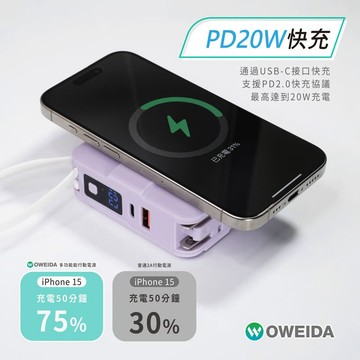 OWEIDA 歐威達 磁吸無線充充電頭 10000mAh LED智能螢幕電量顯示 可折疊插頭 隱藏手機支架 便捷行動電源