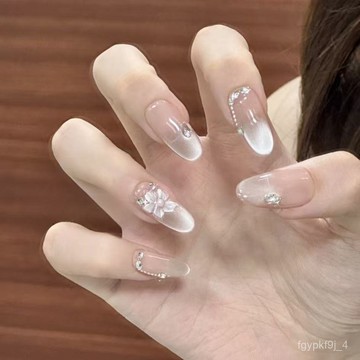 🎀可可精選🎀【冰花閃爍】僊氣鵰花貓眼手工穿戴甲甲片珍珠顯白氛圍感美甲甲片手工穿戴甲顯白美甲片百搭美甲貼片 TB8S