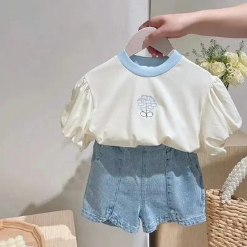 柔软透气~女童夏季新款套裝純棉上衣T恤牛仔短褲中小童女寶寶洋氣可愛2件套 夏天套裝 兒童套裝 女童休閒套裝 中小童
