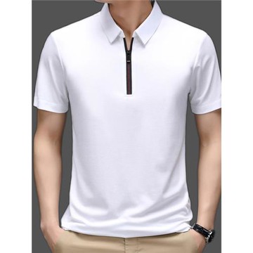 夏季冰絲涼爽男士翻領短袖T恤簡約修身半袖薄款拉鏈領純色POLO衫