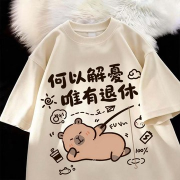 卡通水豚印花 重磅純棉t恤 短袖T恤 oversize 短袖 寬鬆上衣 ing風 顯瘦穿搭 夏季短袖 休閒百搭 t恤女