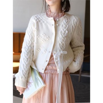 芮物revestudios/秋冬絞花粗棒針織圓領全羊毛白色本命紅毛衣外套