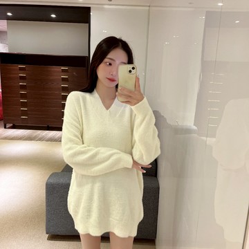 海毛V領長版上衣【10172】Sandy33實拍秋冬新款韓系INS休閒百搭氣質圓領長袖針織上衣 針織衫針織毛衣