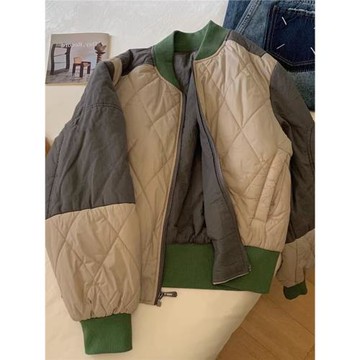 日系復古別致撞色拼接菱格棒球棉服女秋冬時尚高級感輕薄棉衣外套