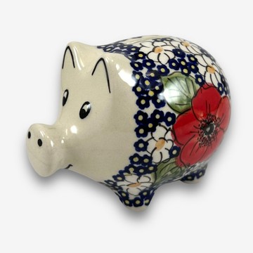 波蘭手繪手工陶-小豬存錢筒 12cm 靜謐艷紅系列 設計師款