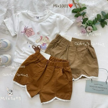 🌈✨mix1001中大童❤️大地色系✨車線緹花邊短褲✨兒童挺版花邊短褲5-23