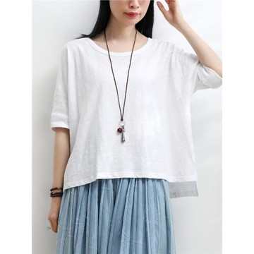 夏季白色純棉t恤女文藝百搭寬松大碼蝙蝠袖黑色上衣前短后長小衫