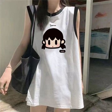 『ATC』新款2026年撞色別緻印花無袖上衣服女士寬鬆大碼甜酷圓領背心t恤