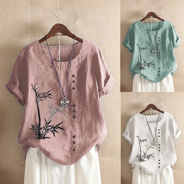 年新款夏季氣質簡約印花圓領套頭寬松大碼胖妹妹短袖上衣女