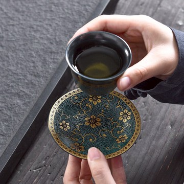 陶福氣 天目盞曜變黑茶具杯墊 家用創意琺瑯彩茶杯碟創意杯墊子組