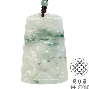 【漢石齋】天然翡翠A貨 護主龍牌玉佩吊墜 白底飄花種(40*61*3.7mm)