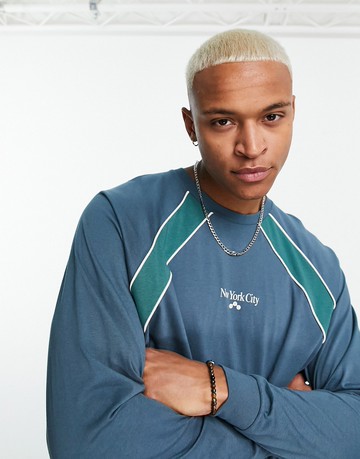 ASOS DESIGN oversized long sleeve raglan t-shirt in grey colour block with New York city print