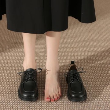系帶黑色小皮鞋女復古春秋新款面試工作職業軟底舒適英倫風女單鞋