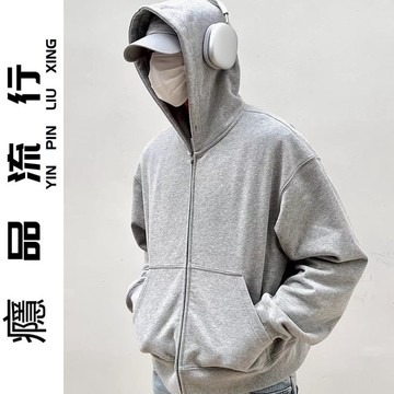 美式復古休閒短款寬鬆外套帽衫春秋季新款連帽開衫衛衣