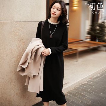 初色 法式氣質風純色撞色拼接半高領長袖中長連衣裙連身洋裝-黑色-15556(F可選)