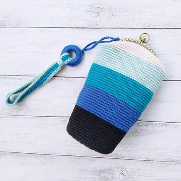 土耳其藍寬條紋皮底珠環口金包 文具筆刷包