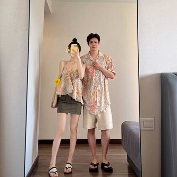 7462 名資深買家🥺三亞旅行情侶裝夏裝短袖襯衫兩件套男海邊度假風印花女吊帶上衣UYLW