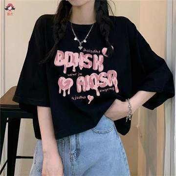 臺灣出貨 短袖無袖背心 女生上衣 女生t時尚甜辣遮肉時尚洋氣ins簡約短款印花圓領上衣美式韓版T恤女百搭