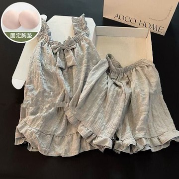 🌙可開發票🌙秋夏 帶胸墊睡衣女帶胸墊睡衣女士夏天吊帶短褲學生韓版ins甜美風蝴蝶結可外穿套裝