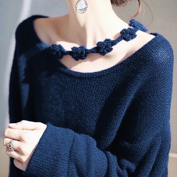 超好看藍色鏤空長袖針織衫女2025秋季新款設計感立體花朵減齡上衣