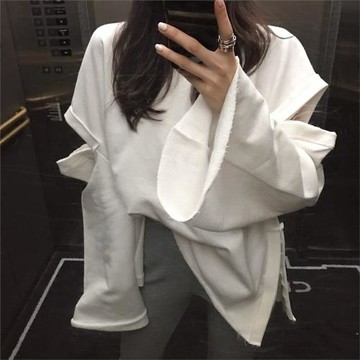 破洞衛衣女2026春秋韓國新款寬松顯瘦漏肩中長款大碼長袖上衣女潮