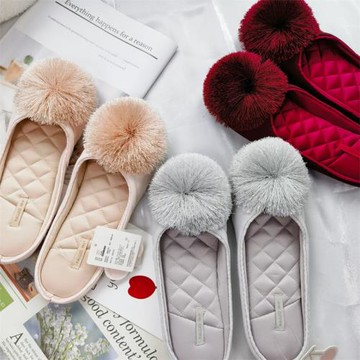 春秋ins風淺口流蘇毛球格紋布藝居家防滑軟底靜音木地板家用拖鞋