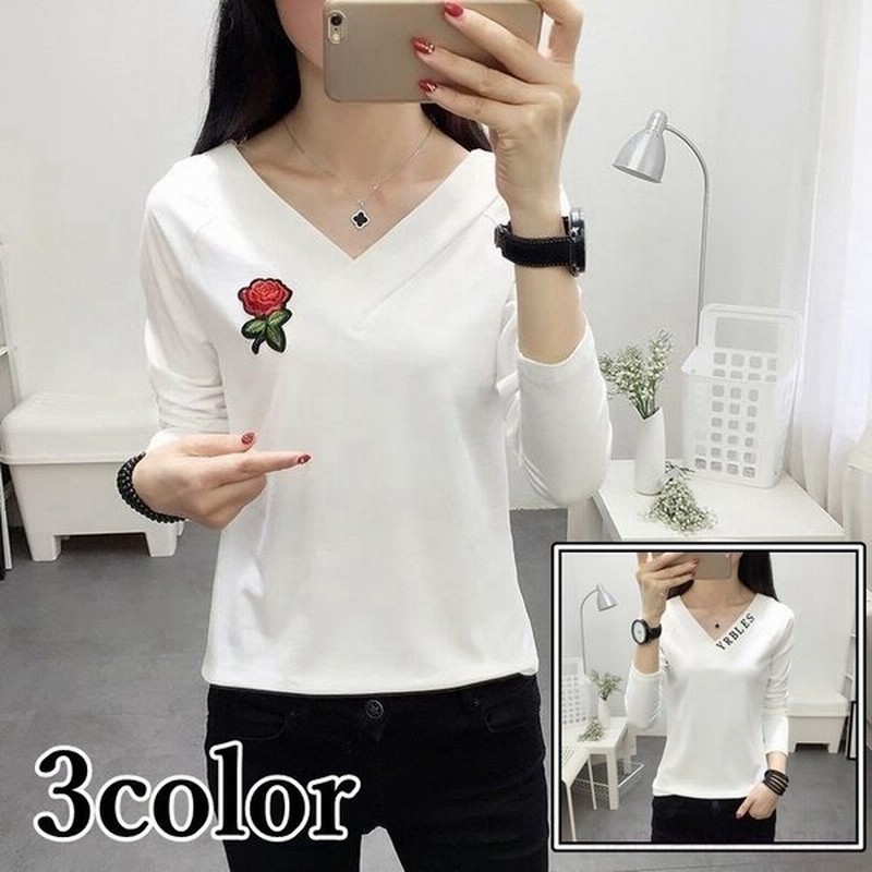 長袖カットソー Tシャツ バラ刺繍ワッペン Vネック クロスオーバー レディース 女性 婦人服 おしゃれ シンプル 細身シルエット フェミニン 単色 通販 Lineポイント最大get Lineショッピング