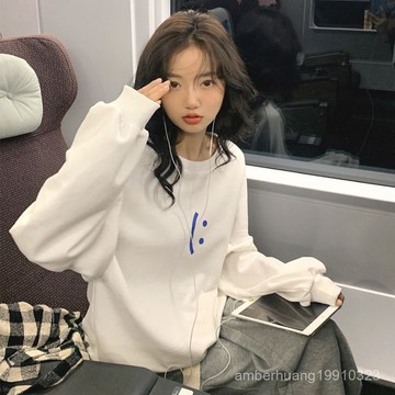 衛衣 衛衣外套 連帽衛衣 秋冬衛衣 美式帽t 薄帽t 美式薄款笑臉印花圓領衛衣學生oversize寬鬆加絨外套小個子上衣