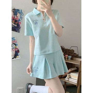 9號倉庫 大尺碼套裝女 運動套裝女 甜妹學院風運動套裝女休閑夏季POLO領收腰刺繡學生短袖褲裙兩件套